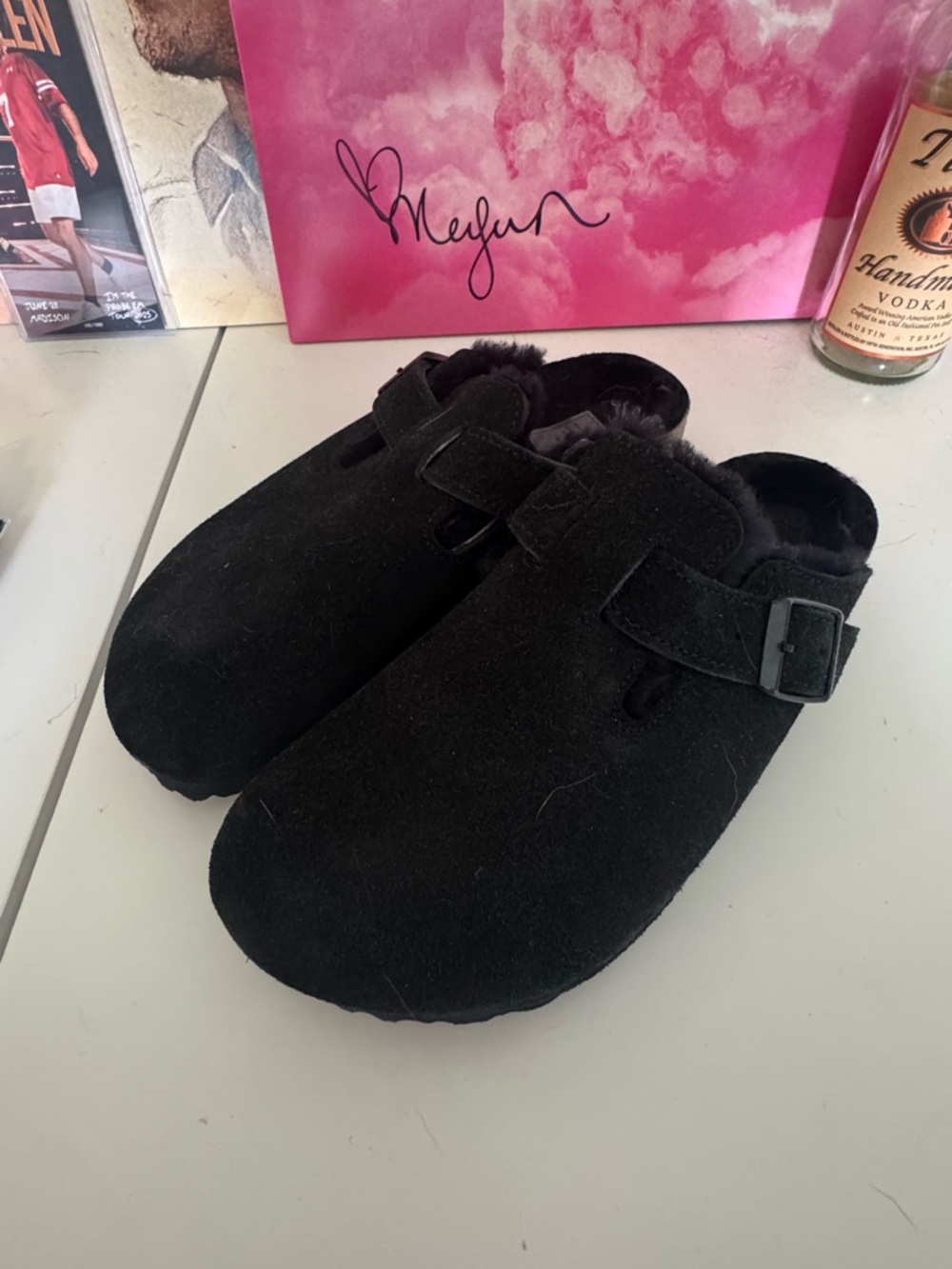 Birkenstock Boston Shearling Clog Black Suede Faux Fur